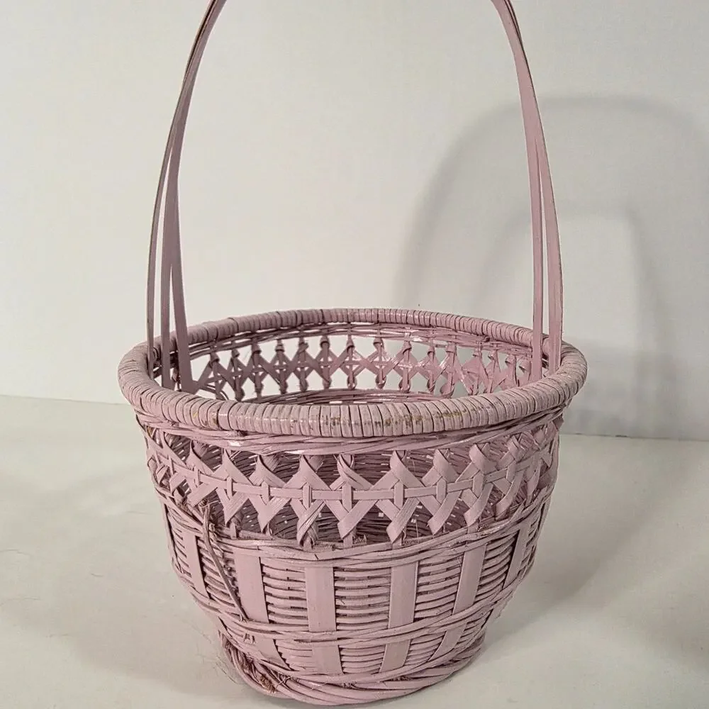 Pink Wicker Flower Girl Basket Easter Wedding Decor 6in Round
